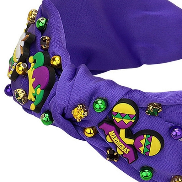 Purple Headband Fleur De Lis Charm Drums Jester Hat Beaded Green Gold Mardi Gras - Picture 3 of 5
